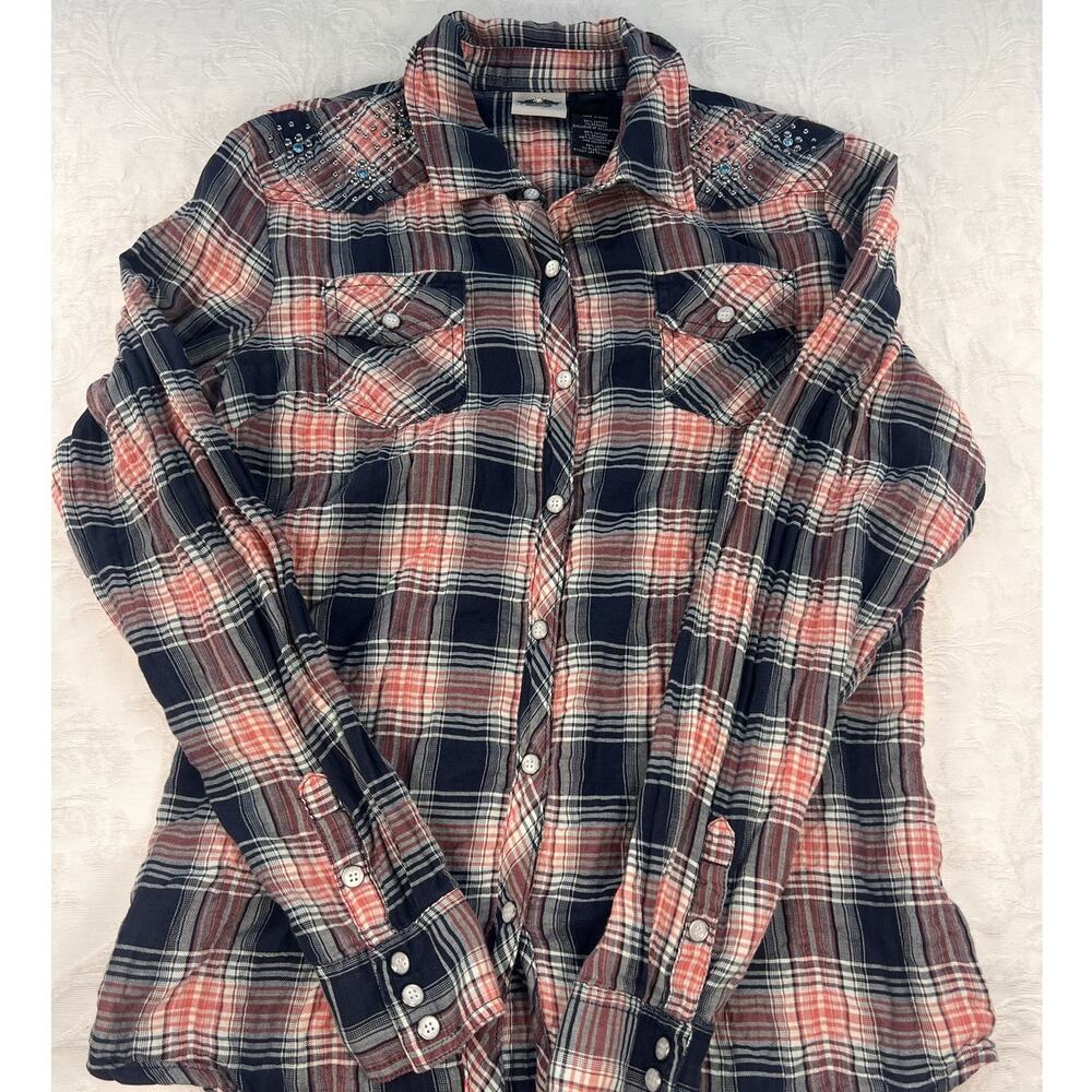 Harley-Davidson Western Plaid Shirt Rhinestone Biker Wings M